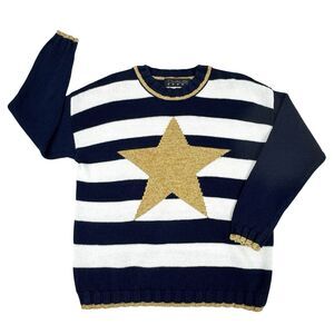 Vintage Chaus Navy Stripe Sweater Womens S Nautical Yacht‎ Gold Metallic Star